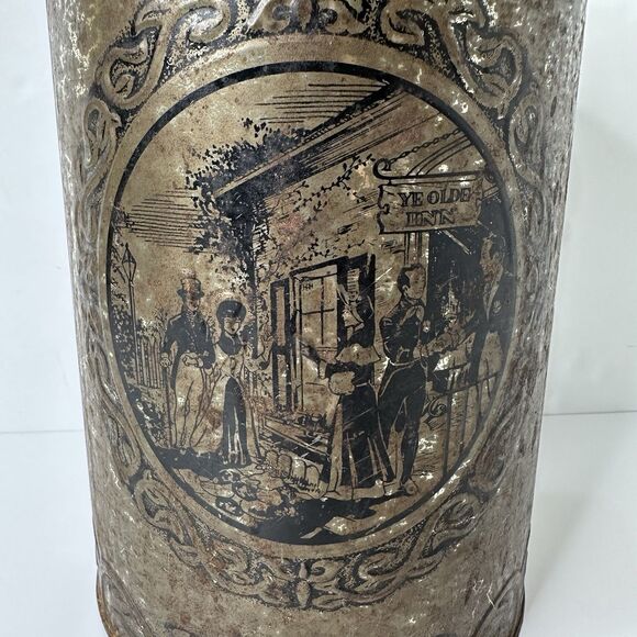 Vtg Metal Trash Can Ye Old Inn Scene Waste Bin Rustic Primitive Patina Tavern - Picture 3 of 16